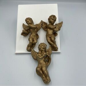 Vintage Chalk ware Gold Angel Wall Decor Set of 3. Some peeled paint. Head sunk.